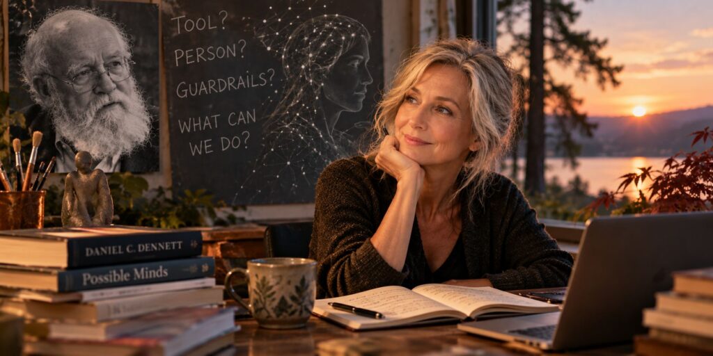 Molly reflects beside books by Daniel Dennett and a chalkboard asking whether AI is a tool or person.